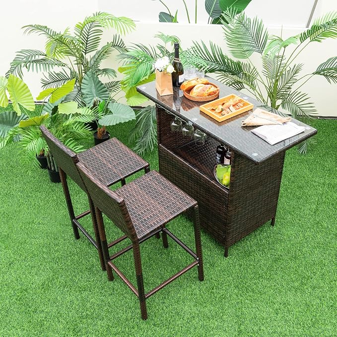 Tangkula Outdoor Bar Set, 3 Pieces Patio Wicker Bar Height Table and Chair Set - Image 2