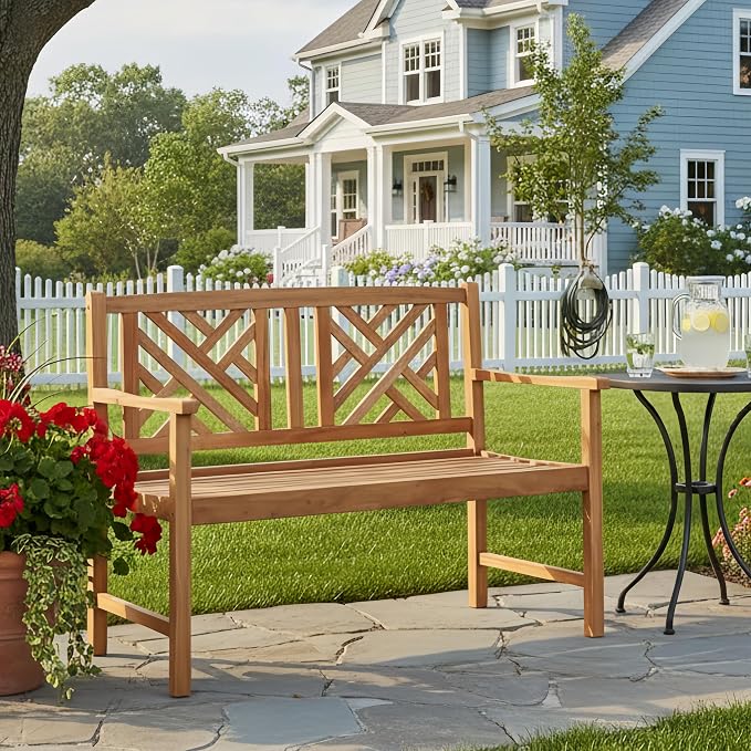Tangkula Patio Acacia Wood Bench, 2-Person Outdoor Loveseat Chair, Cozy Armrest - Image 4