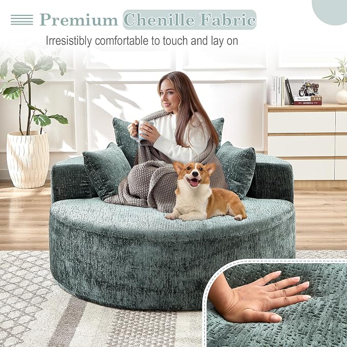 Oversized Round Chaise Longue Chair Indoor, Modern 55-inch Upholstered Chenille - Image 6