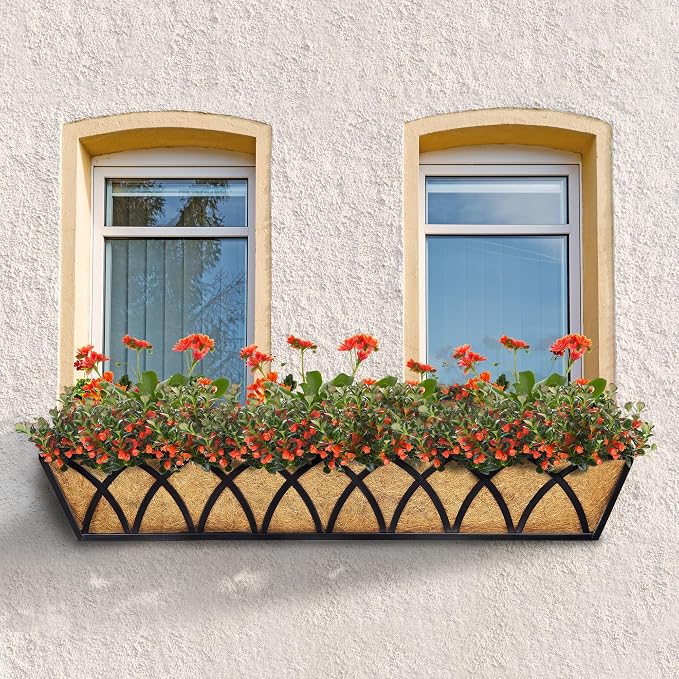 30 Inch Window Deck with Coco Liner Set of 4, Metal Hanging Flower Planter - Image 3