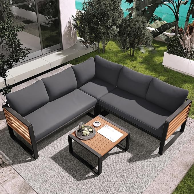 4 Pieces Outdoor Patio Conservation Set, Metal and Wood Frame Sectional by Merax