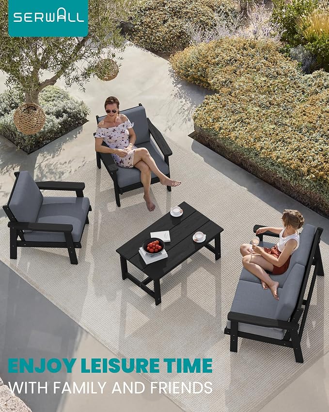 SERWALL 4 Piece HDPE Outdoor Furniture Set, All Weather Wood-Like Outdoor Sofa - Image 9