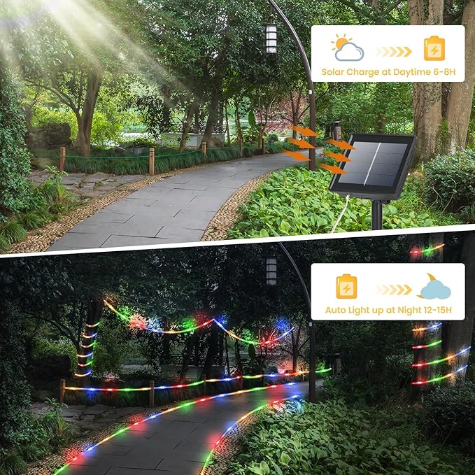200 LED Solar Rope Lights Outdoor, 66FT Solar String Lights Indoor Waterproof - Image 2