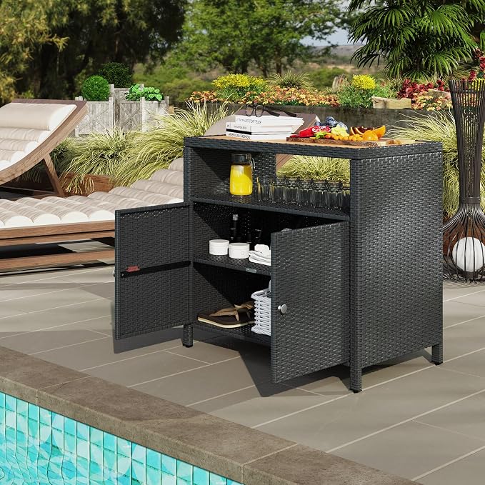 Outsunny Wicker Outdoor Storage Cabinet, Rattan Outdoor Bar Table - Image 8