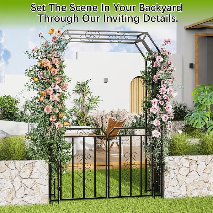 YOHKOH Garden Arch with Gate, Metal Garden Arbor with Gate, Double Lockable - Image 2
