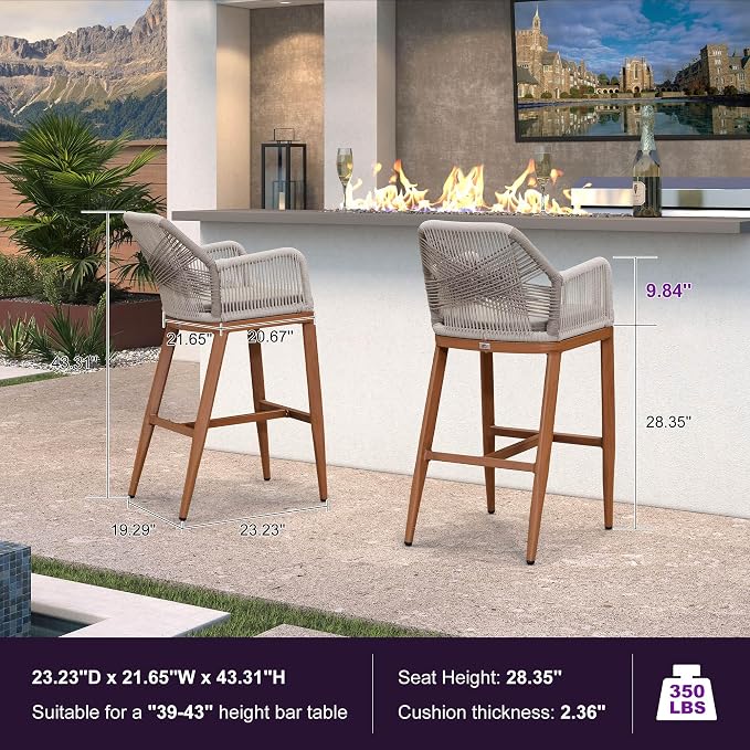 PURPLE LEAF Patio Sunbrella Bar Height Stools 28" H Set of 2 Boho Rattan - Image 2