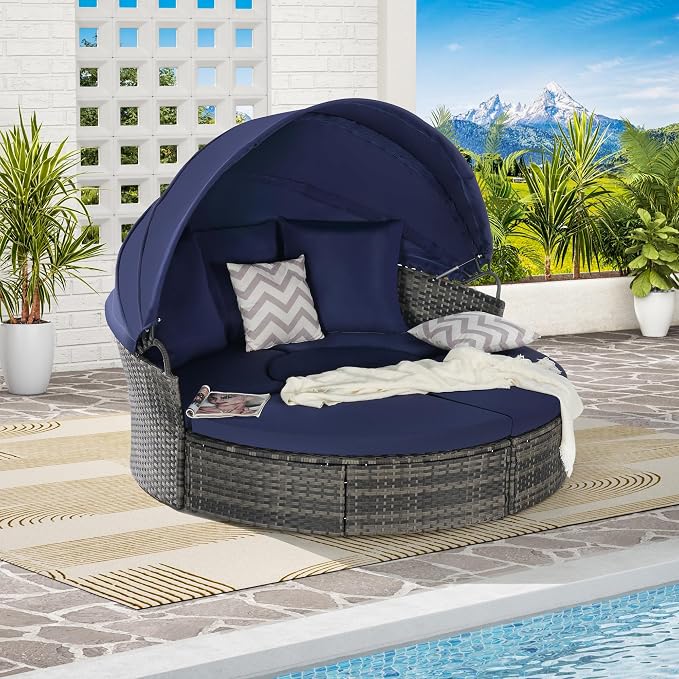 Merax 5 Pieces Outdoor Patio Round Daybed Furniture, All-Weather Wicker by Merax