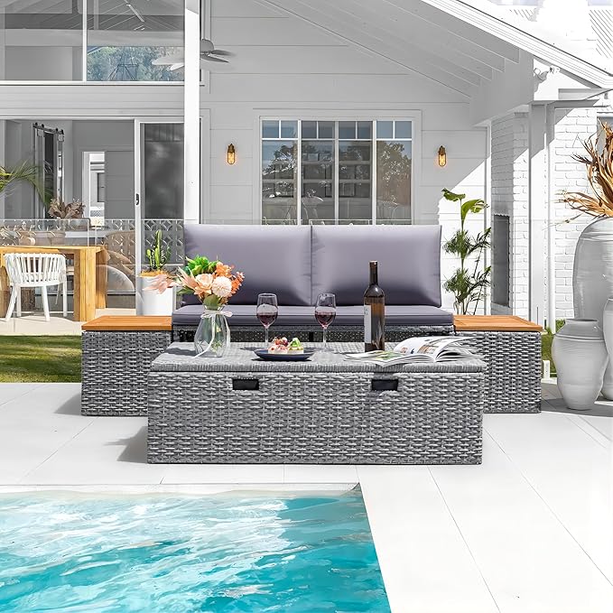 Greesum Outdoor Daybed Set Multifunctional Wicker Lounge Bed Furniture - Image 7