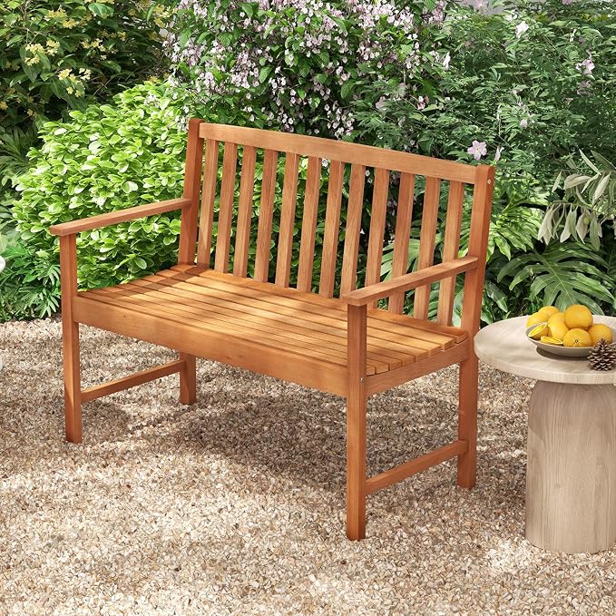 Tangkula Outdoor Garden Bench, 2-Person Eucalyptus Wood Bench - Image 2
