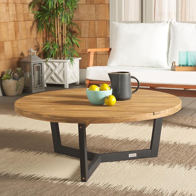 SAFAVIEH Outdoor Collection Leo Natural/Black Solid Wood Round Coffee Table - Image 2