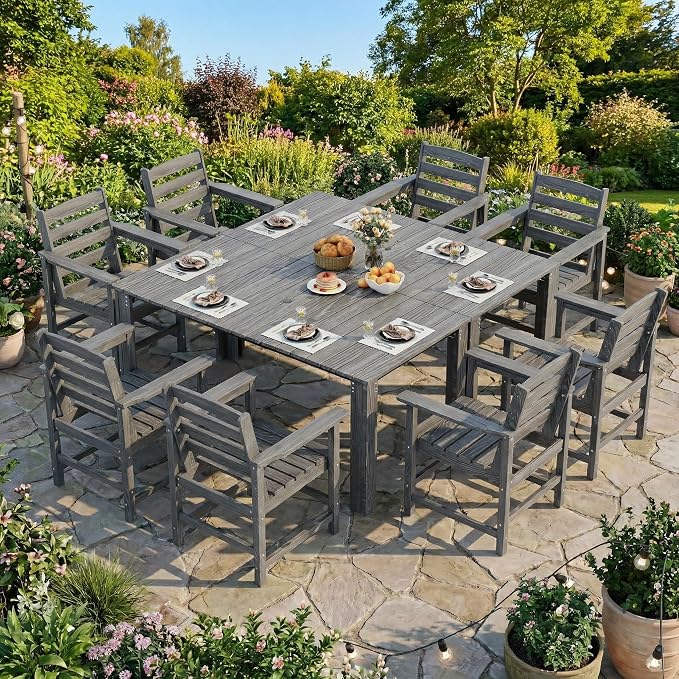 Outdoor HDPE Dining Table Set, 10-Piece Outdoor Dining Table Sets, Wood Grain - Image 9