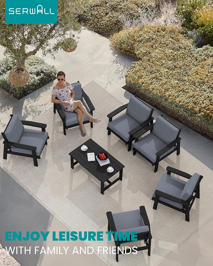 SERWALL HDPE Outdoor Furniture Set, 7 Piece All Weather Wood-Like Outdoor Sofa - Image 9