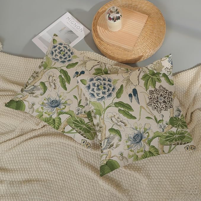 Sage Green Boho Pillow Covers 16x16 Inch 2 Pcs Blue Green Vintage Floral Bird - Image 4
