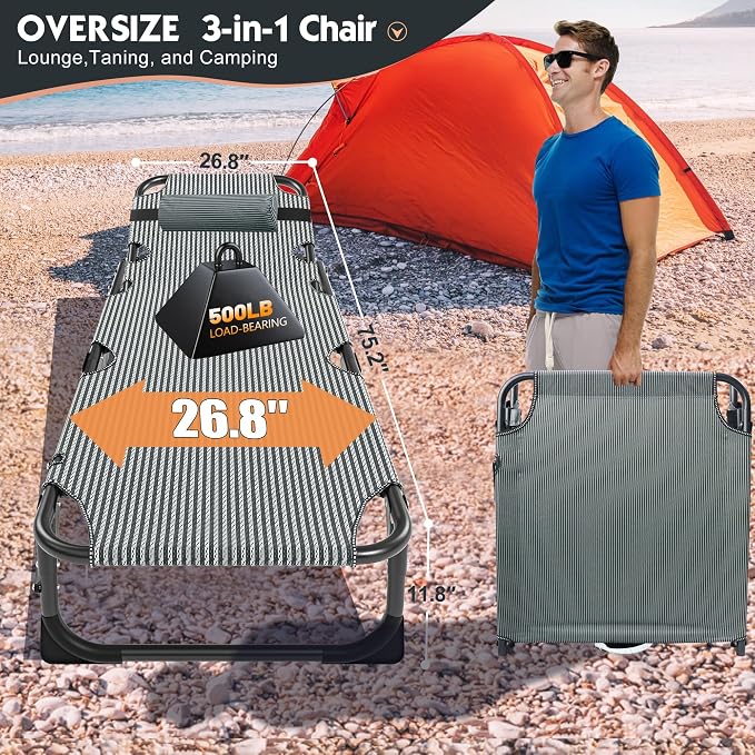 MOPHOTO Folding Chaise Lounge Chair 5-Position, Folding Cot, Heavy Duty Patio - Image 6