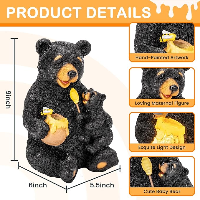 GIGALUMI Solar Garden Statues Bears 9", Loving Black Bear Decor, Yard - Image 3