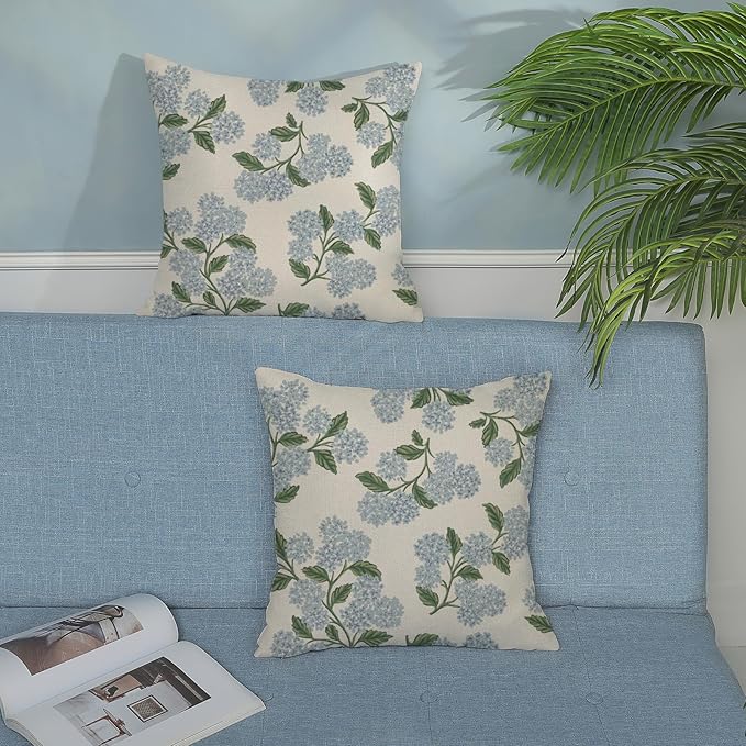 Spring Pillow Covers 18x18 Inch 2 Pcs Blue Green Hydrangea Flower Decor Throw - Image 3