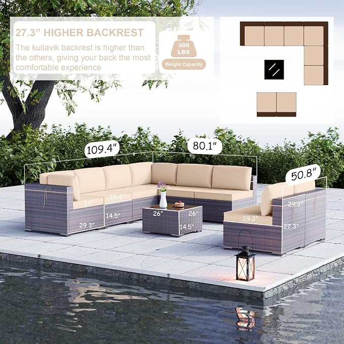 Kullavik 9 Pieces Outdoor Patio Furniture Set PE Wicker Rattan Sectional Sofa - Image 2