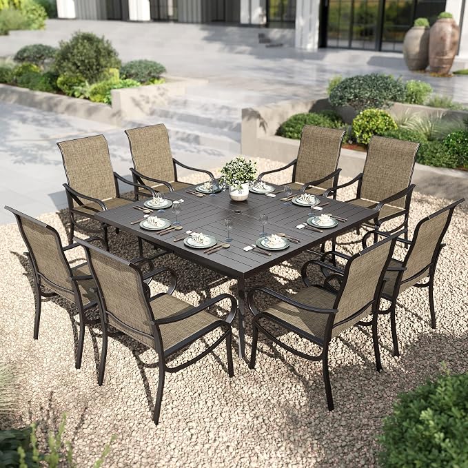 PHI VILLA Patio Dining Set for 8 Person, Large Slat Metal Square Table by PHIVILLAThepioneerofcomfortablehouseholdsupplies