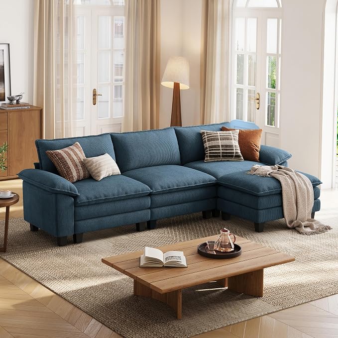 LINSY HOME 123'' Modular Sectional Sofa Blue Couch Corduroy Cloud Couches by LINSYHOME