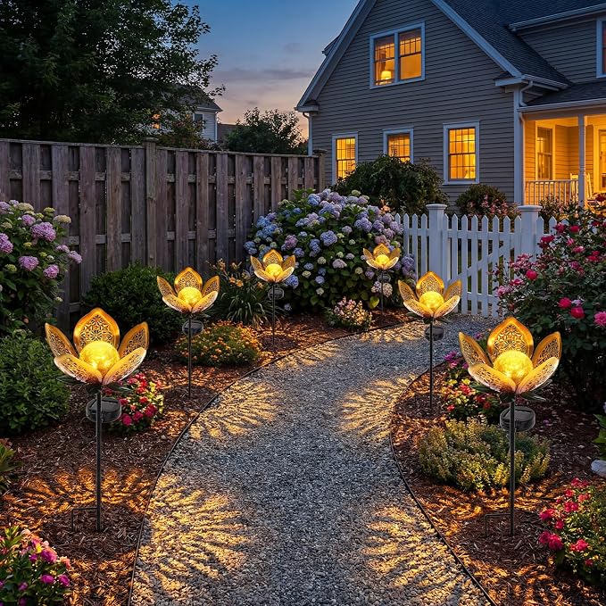 6 Pack Solar Stake Lights Outdoor Decorative Metal Ground Pathway LED Stake - Image 5