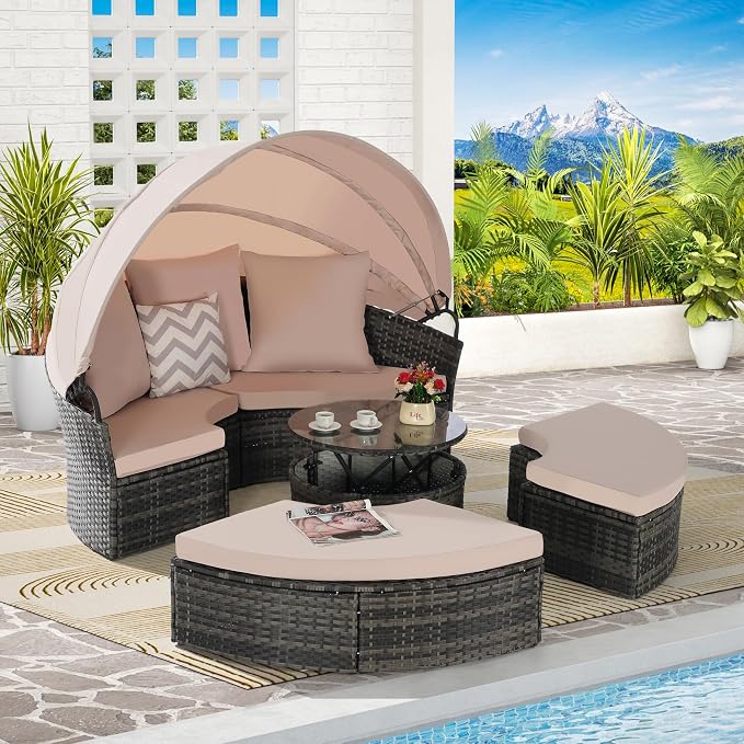 Merax 5 Pieces Outdoor Patio Round Daybed Furniture, All-Weather Wicker - Image 3