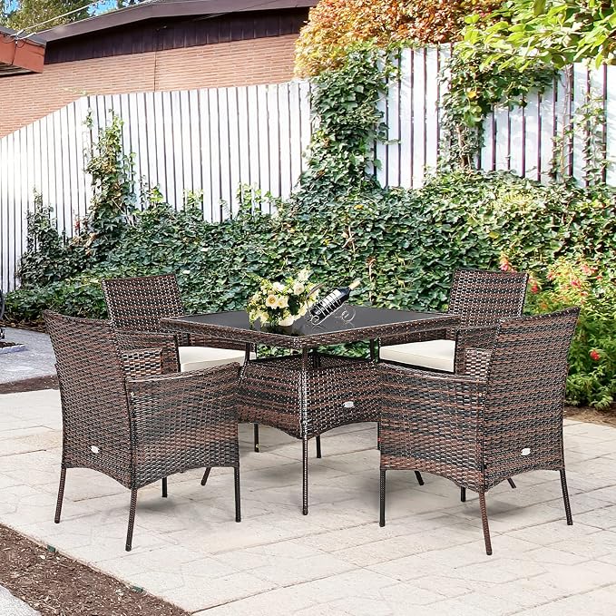 Tangkula 5 Pieces Wicker Patio Dining Set, Outdoor PE Rattan Chairs Table Set - Image 4