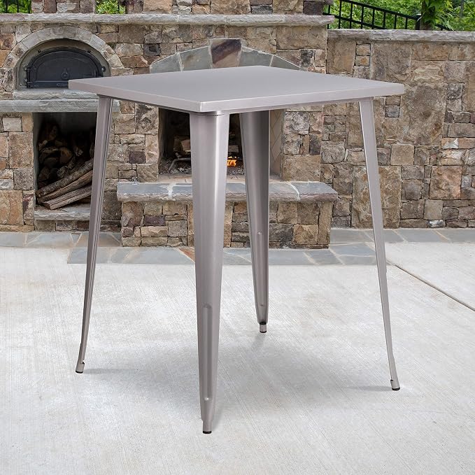 EMMA + OLIVER Commercial Grade 31.5" Square Silver Metal Indoor-Outdoor Bar by EMMAOLIVER