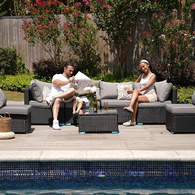 7 Piece Outdoor Patio Furniture Sets, Outdoor Wicker Conversatin Set w Glass - Image 7