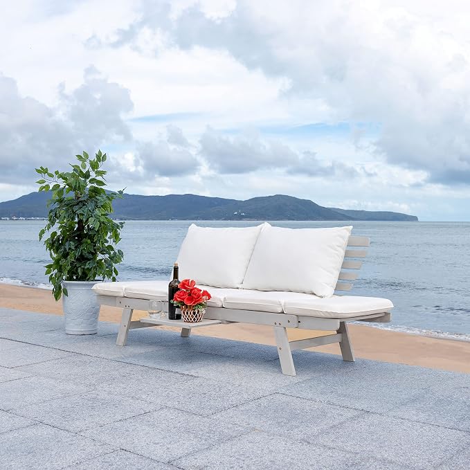 SAFAVIEH Outdoor Collection Emely Grey Acacia Wood/Beige Cushion Expandable - Image 4
