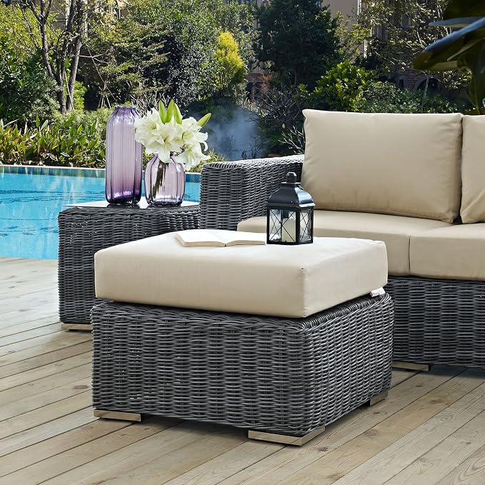 Modway Summon Wicker Rattan Outdoor Patio Sunbrella Square Ottoman in Canvas - Image 2