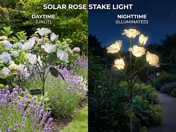 Solar Garden Rose Lights by FANCYPOP, 2 Pack Most Realistic 12 LED Flower Stake - Image 3