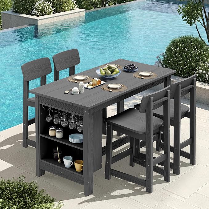 SERWALL Outdoor Bar Table and Chairs Set, 5-Piece HDPE Counter Height Patio by SERWALL