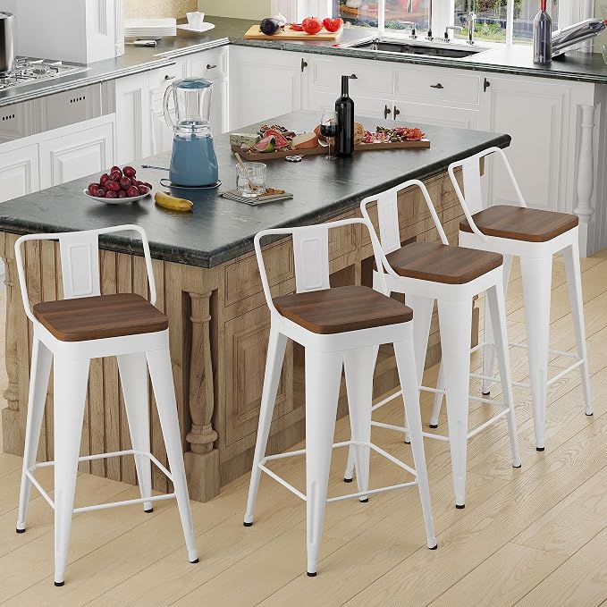 Bar Stools Set of 4 Metal Bar Stool Counter Height Bar Stools White, Modern Bar by POINTANT
