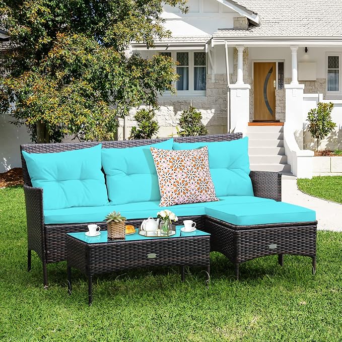 Tangkula 3 Pieces Patio Conversation Set, Outdoor PE Rattan Wicker Furniture - Image 4