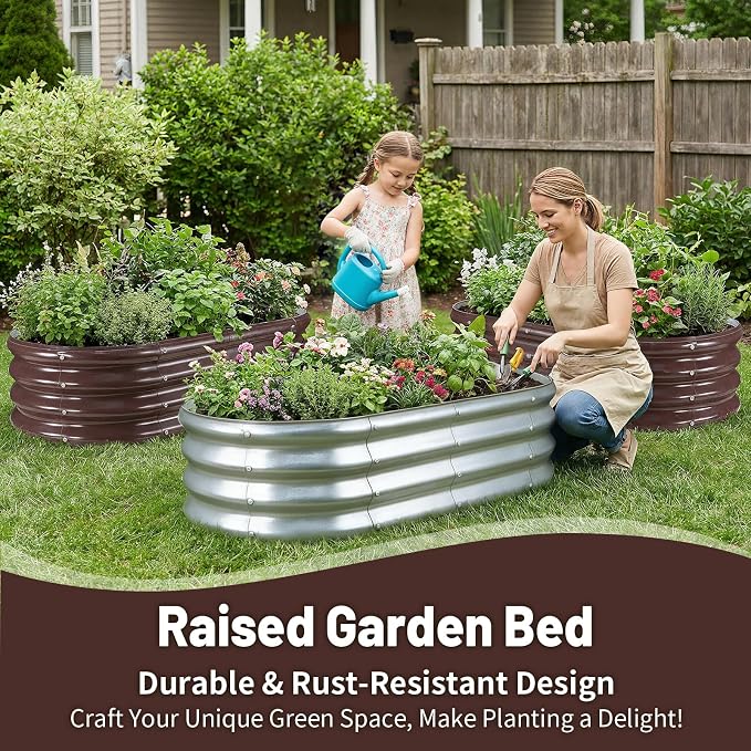 GOOZOO 2PC Galvanized Planter Raised Garden Bed, Oval Metal Land Planter Box - Image 2