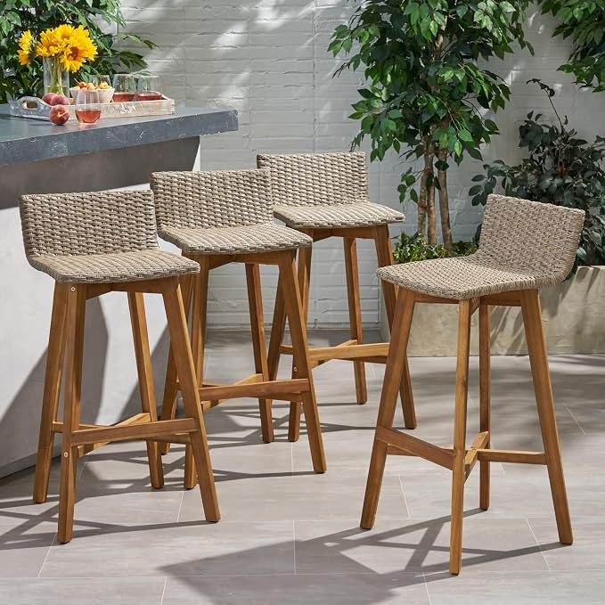 Christopher Knight Home La Brea Outdoor Acacia Wood and Wicker Barstools - Image 2
