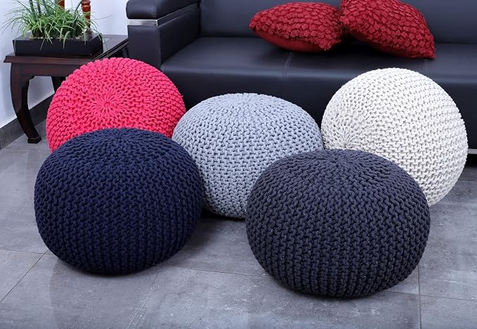 FRELISH DECOR Round Pouf Ottoman Hand Knitted 100% Cotton Pouf Foot Stool - Image 7