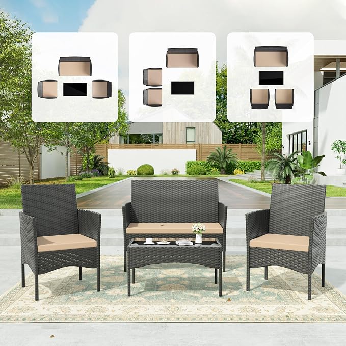 Kullavik 4 Pieces Outdoor Patio Furniture Set, PE Wicker Rattan Chairs Garden - Image 6