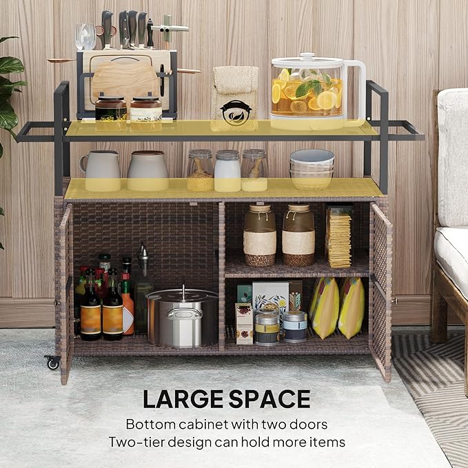 Outsunny PE Rattan Outdoor Storage Cabinet, Wicker Outdoor Bar Table Kitchen - Image 5
