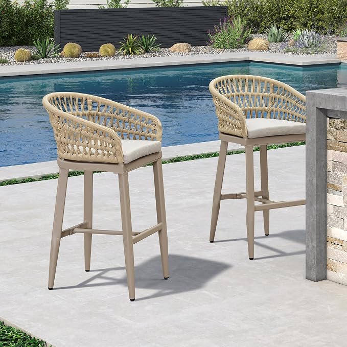 PURPLE LEAF Outdoor Rattan 29" Bar Stools Set of 2, Modern Boho Aluminum Patio - Image 2