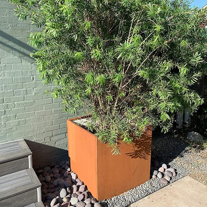 Corten Steel Planter Box Large Outdoor Planter 24 Inch Square Cube Planters - Image 3