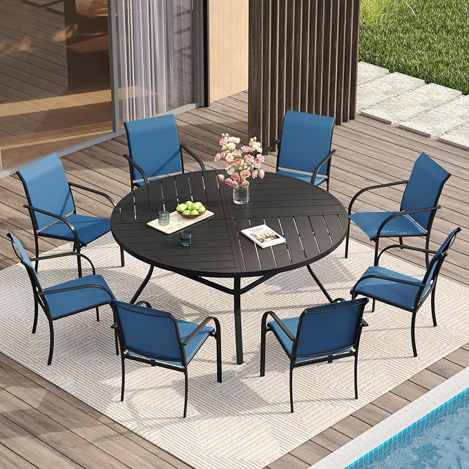 VICLLAX Patio Table and Chair Set of 8, All Weather Metal Round Outdoor Dining by HOME