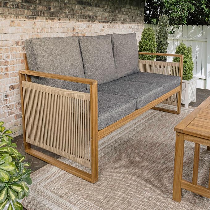 JONATHAN Y SFB1002B Gable 3-Seat Mid-Century Modern Roped Acacia Wood Outdoor - Image 2