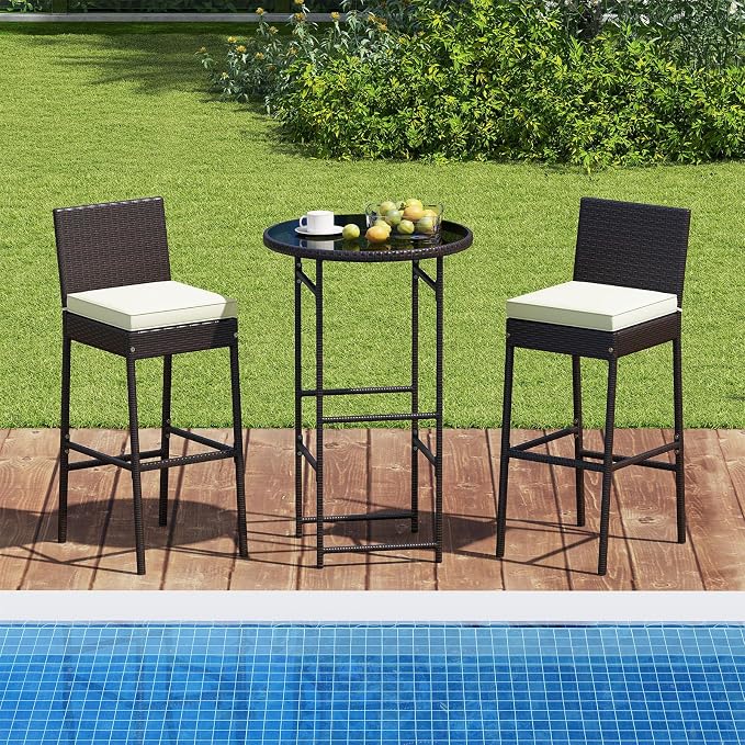 Tangkula 3 Piece Outdoor Bar Set, Patio Rattan Bar Height Heavy Duty Metal - Image 4