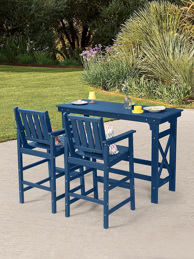 3 Pieces HDPE Outdoor Patio Bar Set, Rectangular Outdoor Bar Height Table and - Image 9