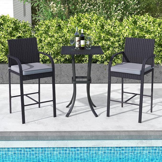 Tangkula 3 Piece Patio Wicker Bar Set, Outdoor Rattan Counter Height Cushioned - Image 4