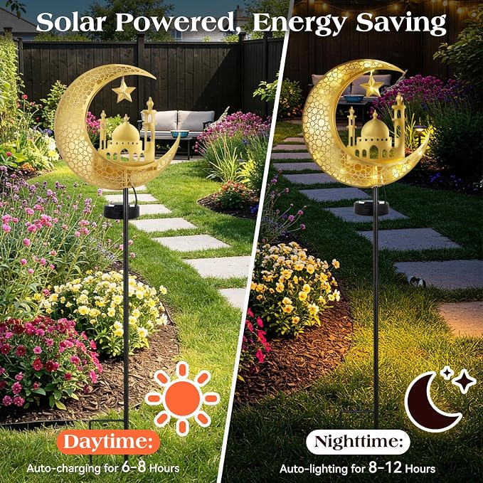 Lewondr 2Pcs Ramadan Solar Lights, Ramadan Decorations Outdoor, Metal Yard - Image 2