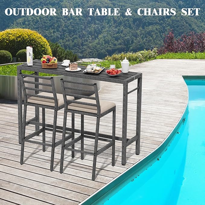 3Pcs Outdoor Patio Bar Set, Metal Bar Table and Chairs Set - Image 2