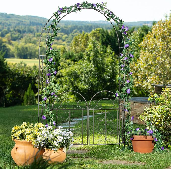 Plow & Hearth Arch Metal Outdoor Garden Arbor, 84 inches Tall, Iron Trellis - Image 2
