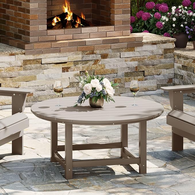 WestinTrends Malibu Low Outdoor HDPE Round Patio Coffee Table, Weathered Wood by WestinTrends